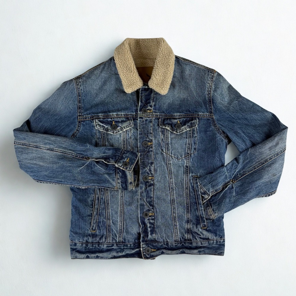 American Eagle Denim Sherpa Lined Jacket Mens S Blue Trucker Distressed Grunge